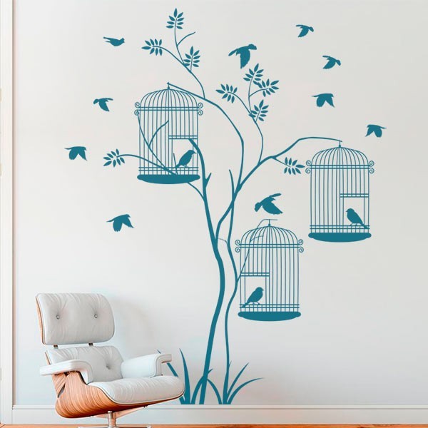 Wall sticker trees with birds in cages